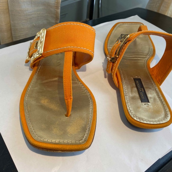 LOUIS VUITTON ORANGE CANVAS THONG SANDALS GOLD BUCKLE SZ 36-6 ITALY FLATS SLIDES - Picture 5 of 10